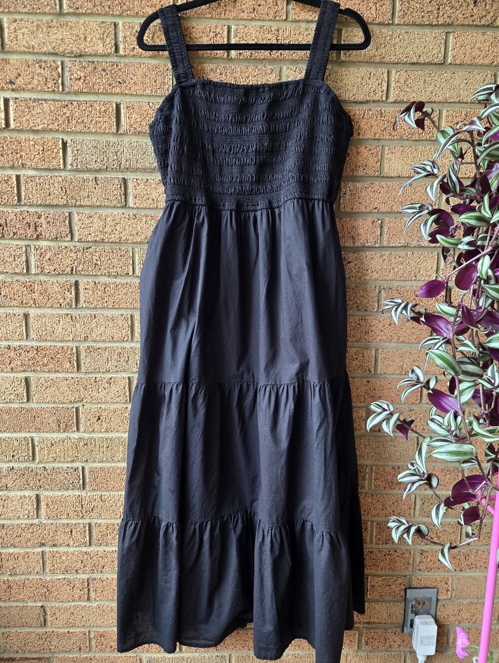 LÉA Black Smocked Tiered Midi Dress Pockets Plus Size 1X 100% Cotton
